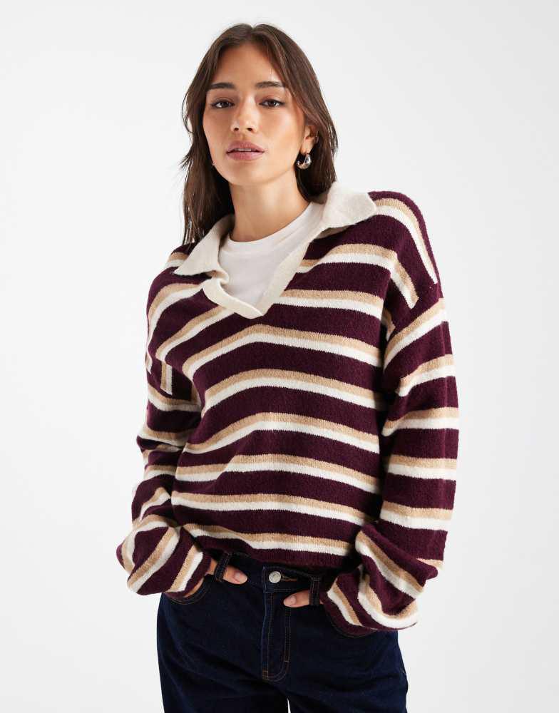 ASOS ASOS DESIGN fluffy knitted polo top in wine stripe