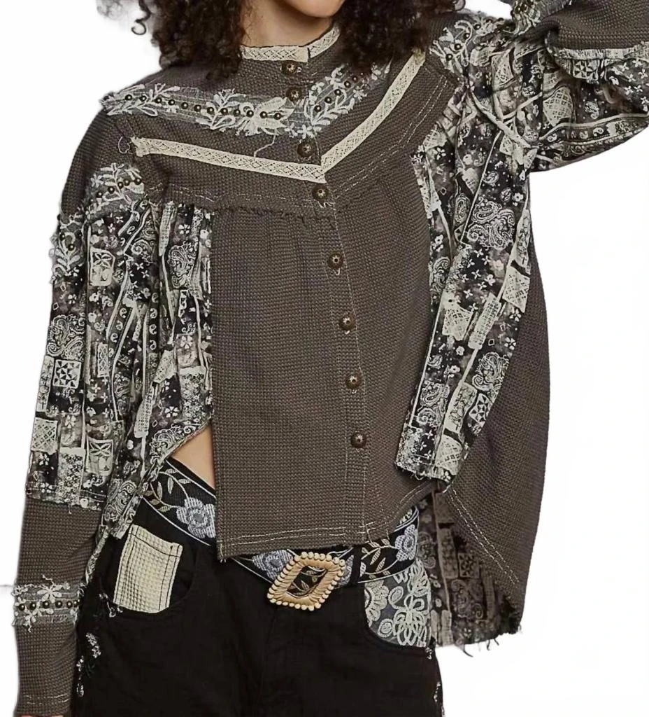 POL Printed Contrast Stud Button High Neck Top 
Jogger Set In Charcoal 2