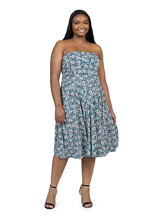 24seven Comfort Apparel Comfort Apparel Plus Size Teal Floral Strapless Tube Top Flowy Knee Length Dress 1