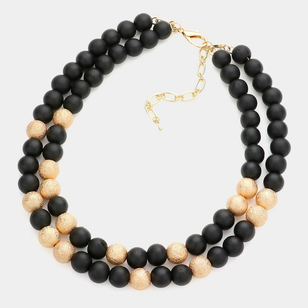 FASHNZFAB Brass Metal Wood Ball Double Layered Necklace 2