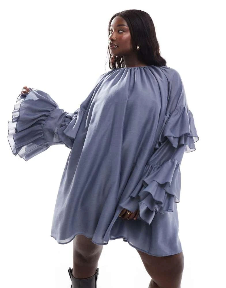 ASOS ASOS DESIGN Curve frill sleeve voile mini dress in in slate blue 1