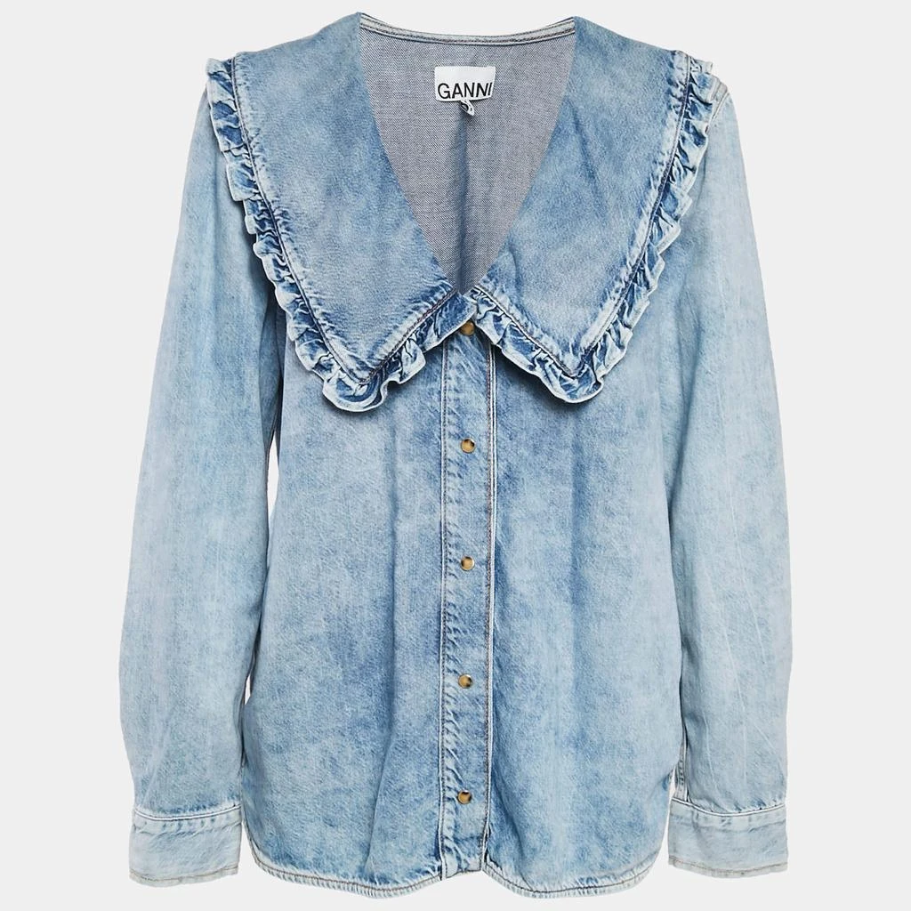 Ganni Ganni Blue Denim Ruffled Platter Collar Shirt XL 1