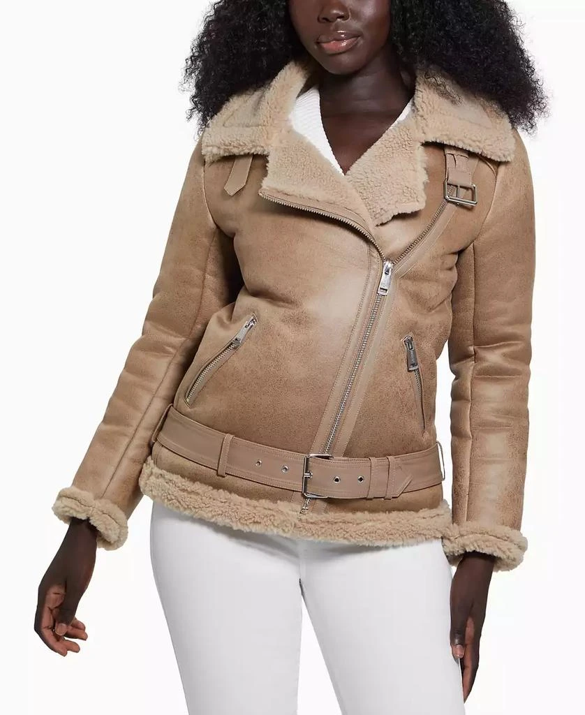 GUESS Women's Faux-Shearling Asymmetric Moto Coat 1