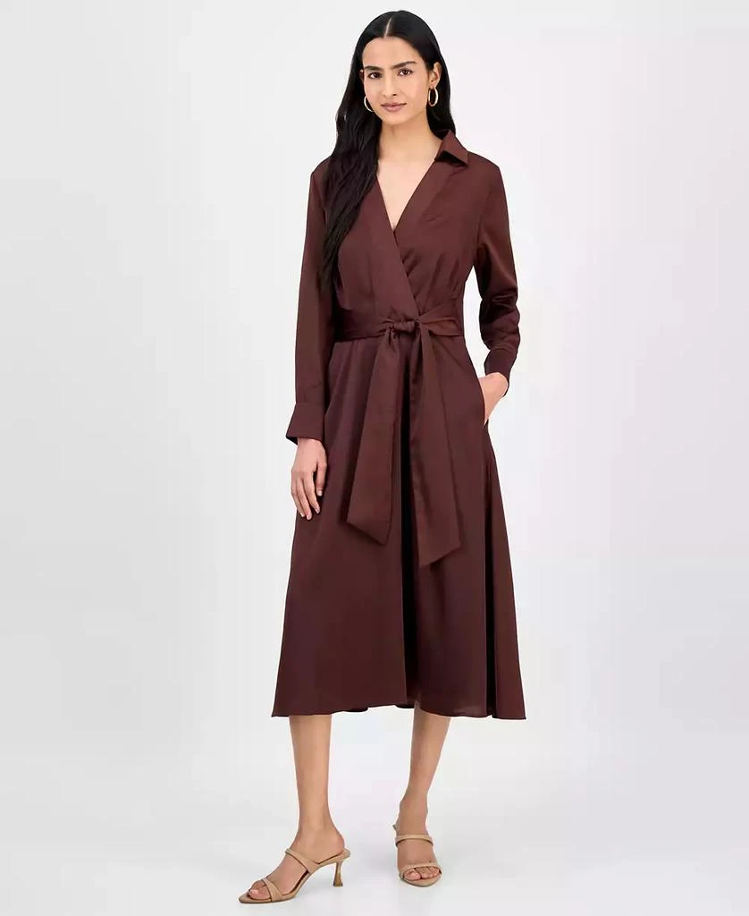 Tahari Women's Collared V-Neck Tie-Waist Midi Dress 1