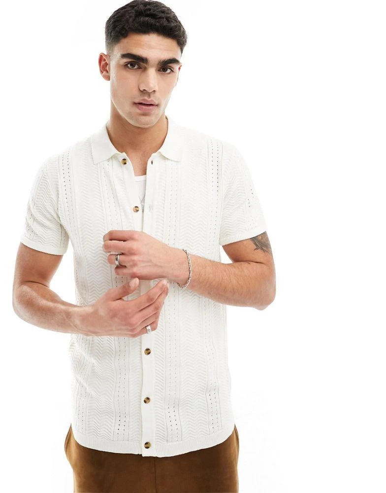 Brave Soul Brave Soul textured knit button up polo in vintage white 1