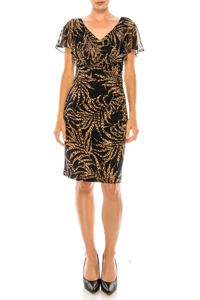 Connected Apparel Palm Chiffon Cape Short Dress In Black/gold 1