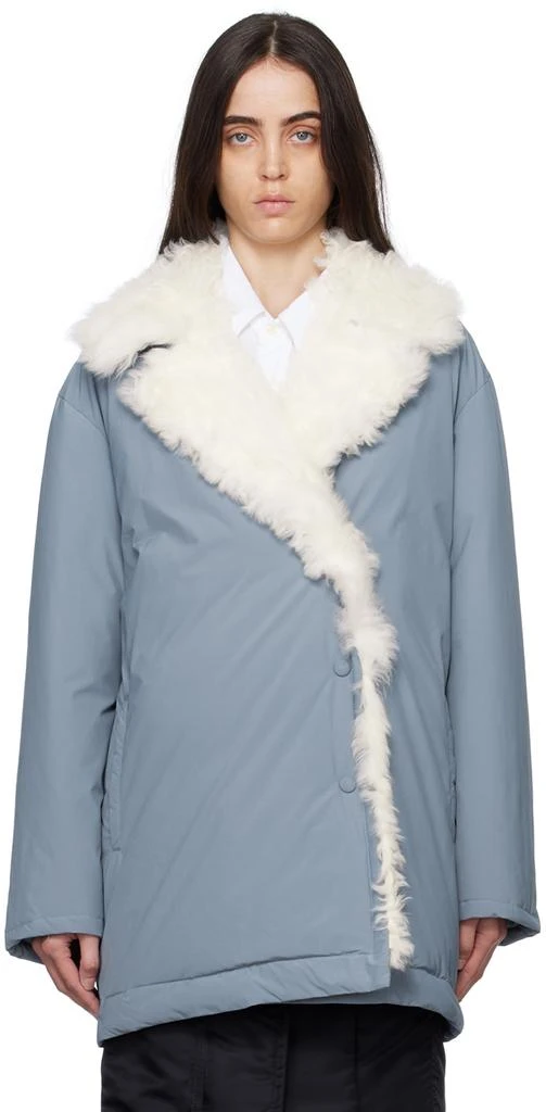 Yves Salomon SSENSE Exclusive Blue Single-Breasted Shearling Down Coat 1