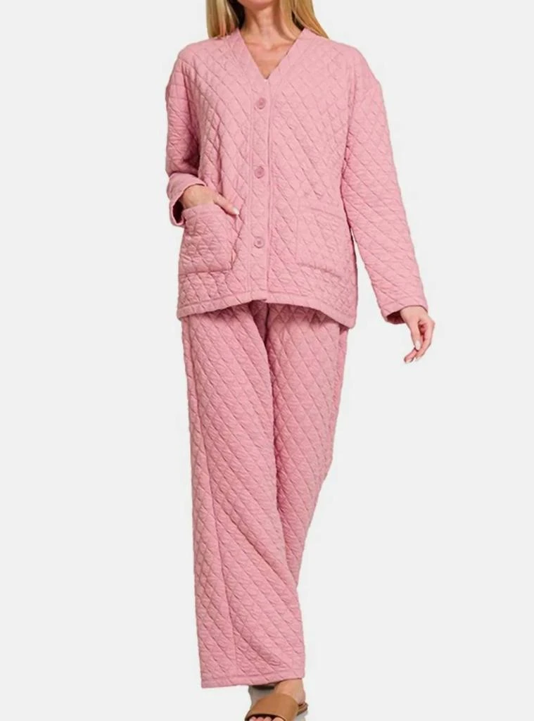 ZENANA Quilted Button Up Long Sleeve Top And Pants Lounge Set In Dusty Pink