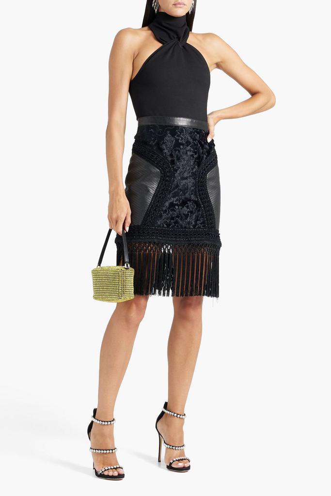 Andrew Gn Fringed leather-paneled embroidered faux fur mini skirt