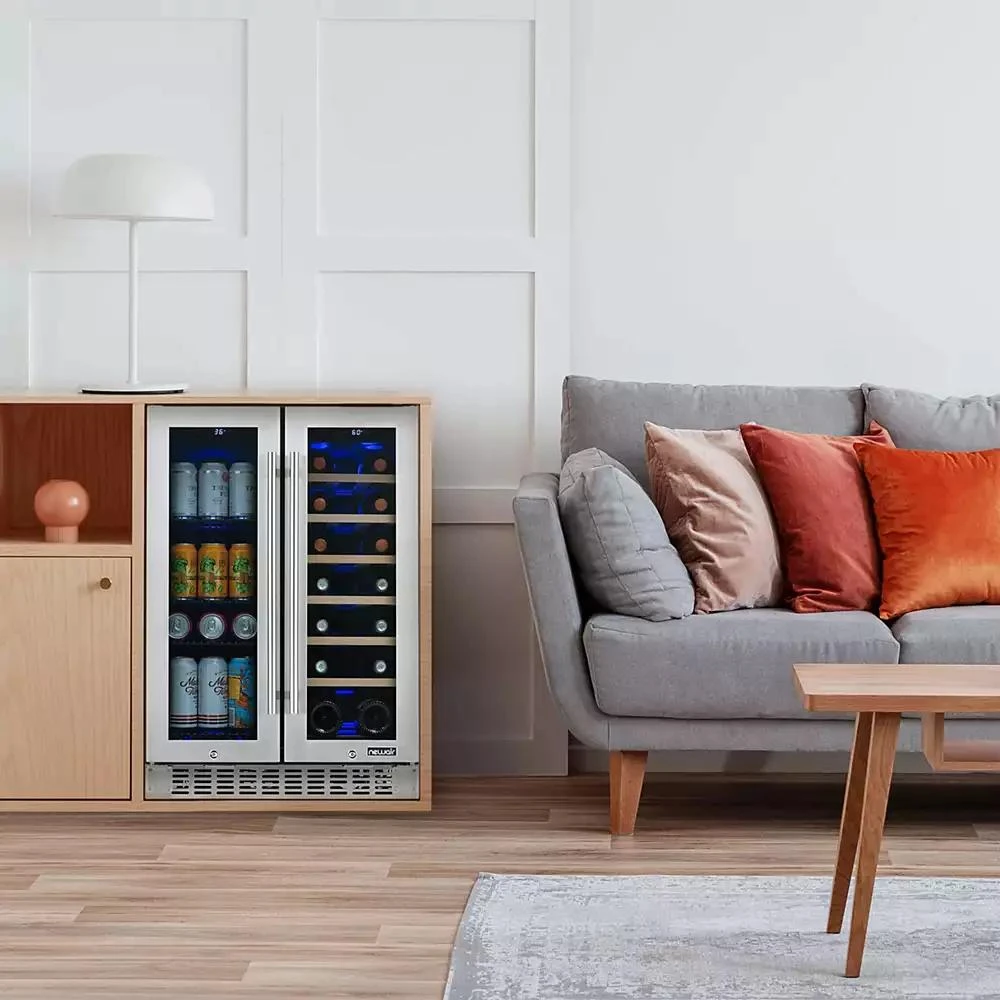 Newair 24 Inch Premium Built-in Dual Zone 20 Bottle and 60 Can French Door Wine and Beverage Fridge in Stainless Steel with SplitShelf 8
