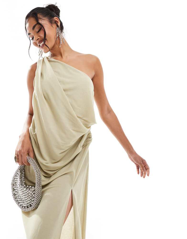 ASOS ASOS DESIGN stretch linen one shoulder drape maxi dress in pale sage