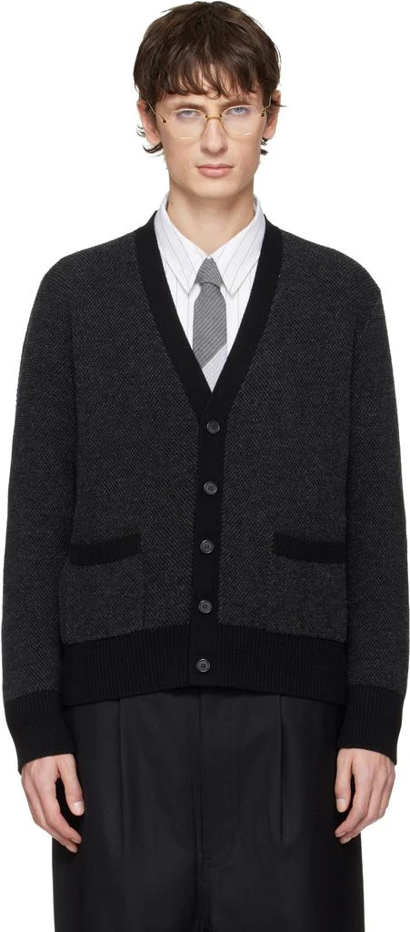 Thom Browne Gray Merino Wool Intarsia V Neck Cardigan 1