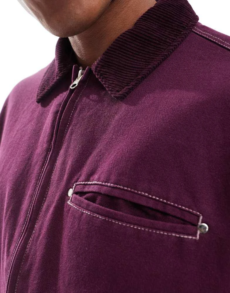 ASOS ASOS DESIGN boxy oversized cord collar harrington jacket with contrast stitch in burgundy 4