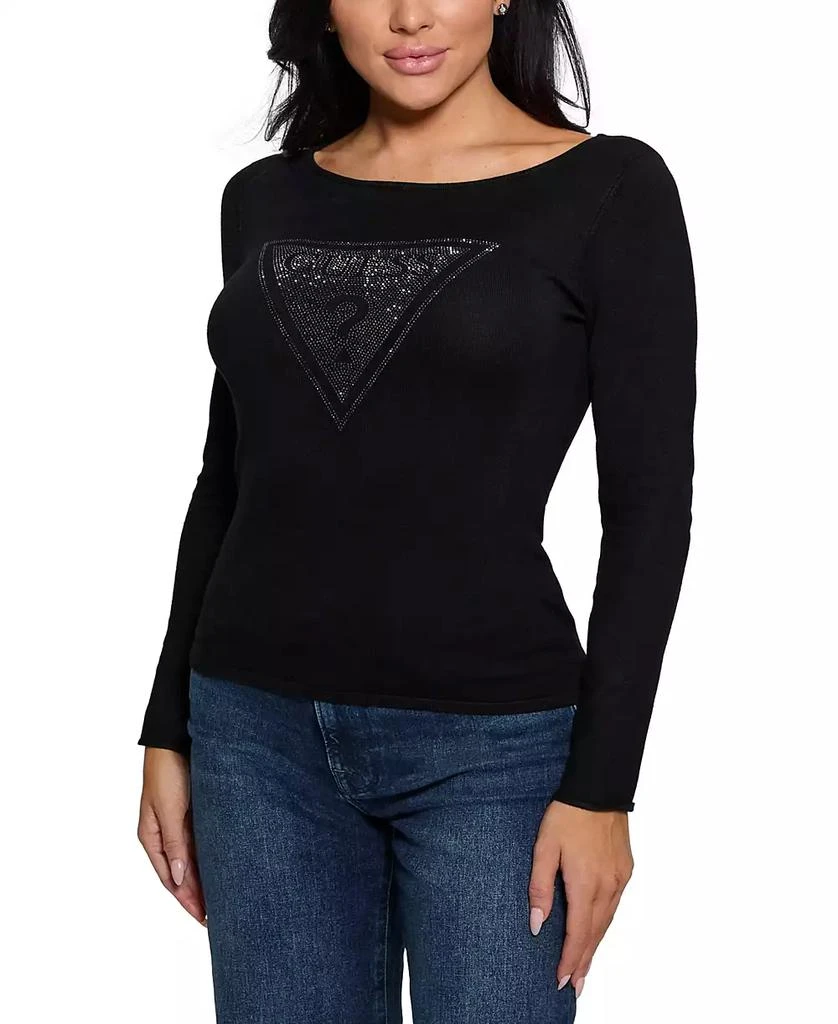 GUESS Women's Eliza Rhinestone-Logo Boat-Neck Sweater 1