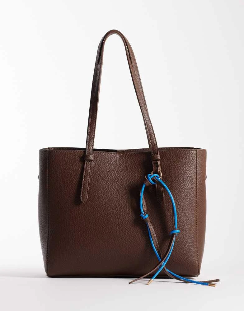 ASOS ASOS DESIGN textured multi compartment tote bag with detachable bag charm in chocolate