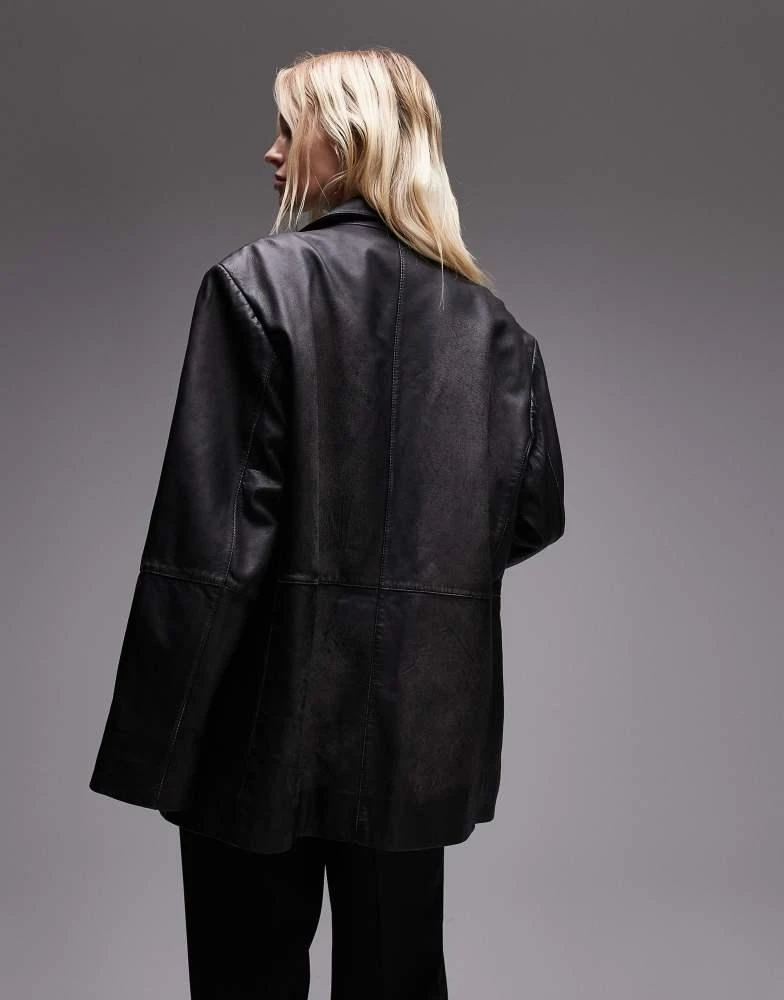 Topshop Topshop premium real leather blazer in washed black 3