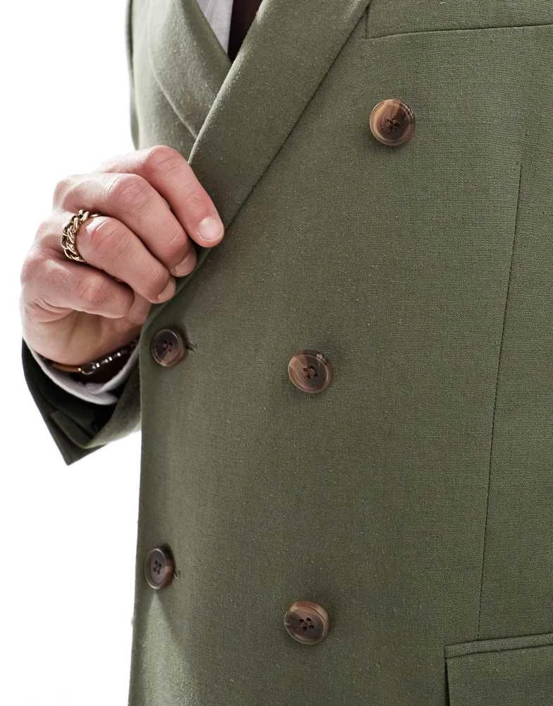 ASOS ASOS DESIGN linen blend double breasted slim suit jacket in green - MGREEN 4
