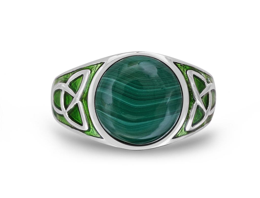 Monary Malachite Cabochon Flat Back Stone Signet Ring in Sterling Silver with Enamel