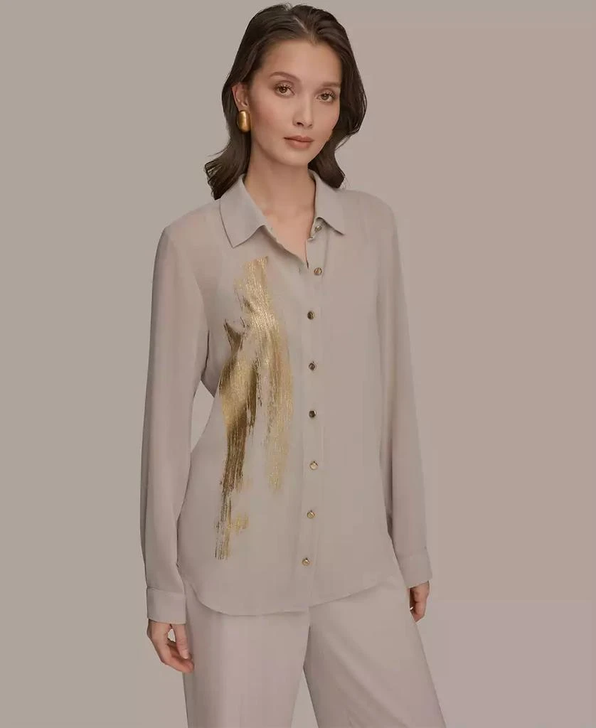 Donna Karan Petite Brush Stroke Button-Down Blouse