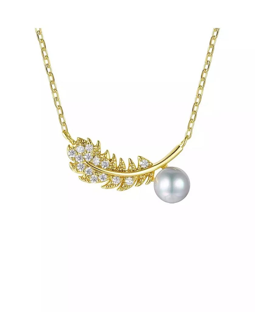 Genevive 14k Gold Plated Sterling Silver with Cubic Zirconia 
Faux Pearl Fern Leaf Pendant Necklace