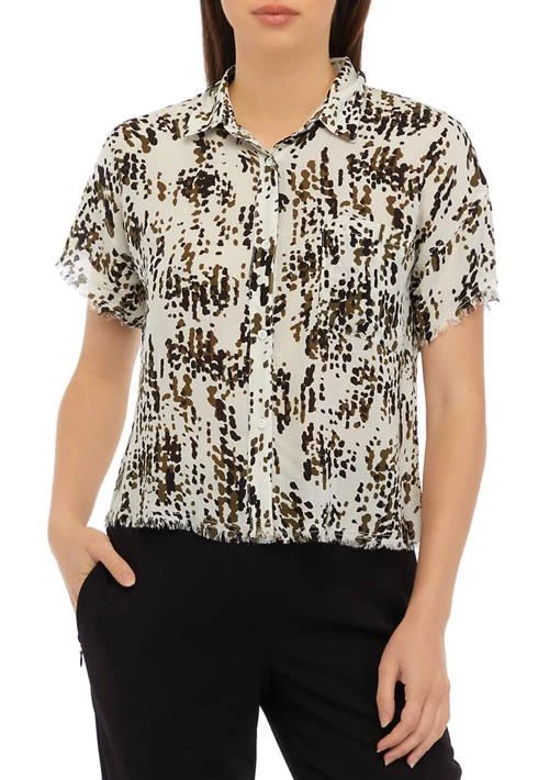 philosophy Womens Short Sleeve Button Front Printed Blouse 1