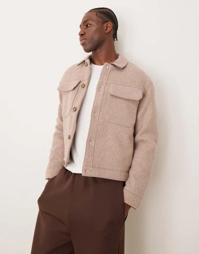 Abercrombie & Fitch Abercrombie & Fitch cropped dressy twill wool blend trucker in tan 1