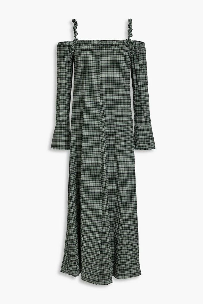 Ganni Cold-shoulder checked seersucker midi dress 1