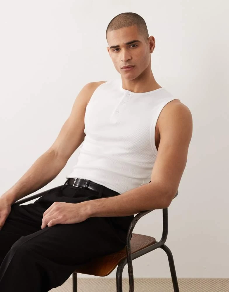 ASOS ASOS DESIGN muscle fit tank with henley neck in white rib
