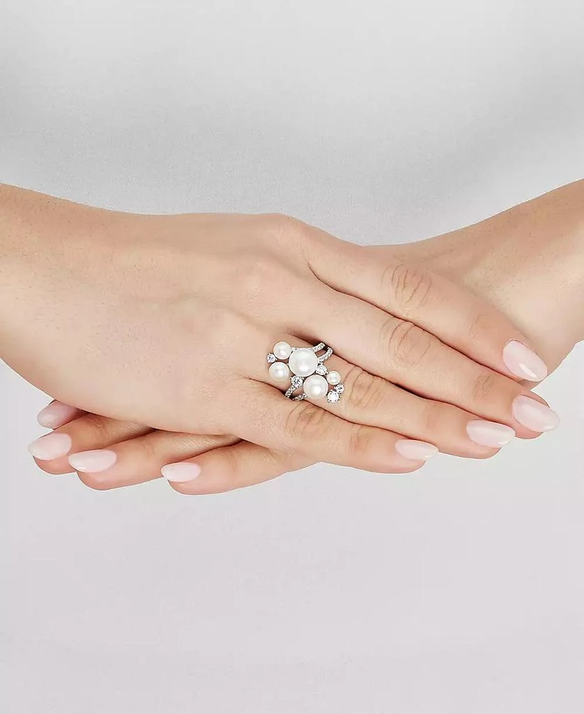 Arabella Cultured Freshwater Button Pearl (4 - 9-1/2mm) & Cubic Zirconia Cluster Ring in Sterling Silver 2