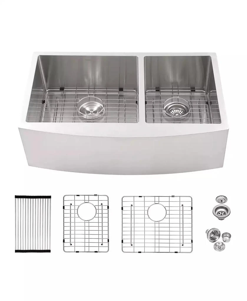 Flynama 33x21x10 Inch Double Bowl 60 and 40 Farmhouse Apron Front Kitchen Sink 16 Gauge T304 Stainless Steel With Two 10 Inch Deep Basin