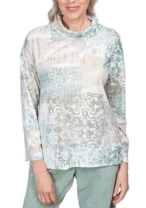 Alfred Dunner Dunner Womens St.moritz Shimmer Medallion Patchwork Cowl Neck Top 1