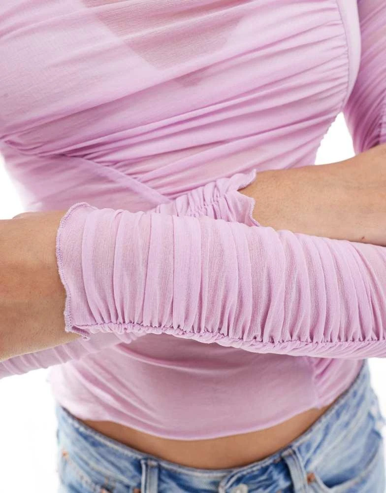 ASOS ASOS DESIGN panelled ruched mesh long sleeve top in pink 2