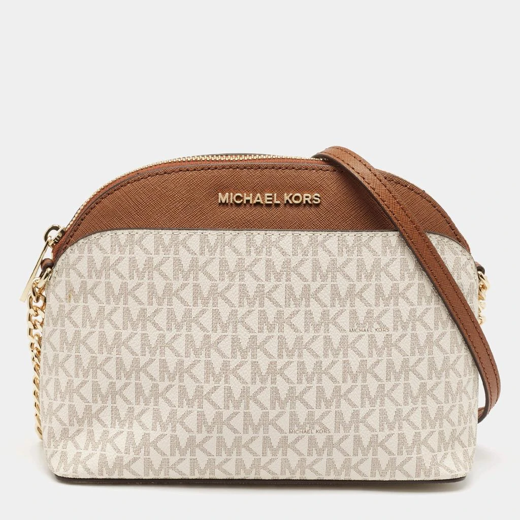 Michael Kors Michael Kors White/Brown Signature Coated Canvas and Leather Jet Set Travel Crossbody Bag 1