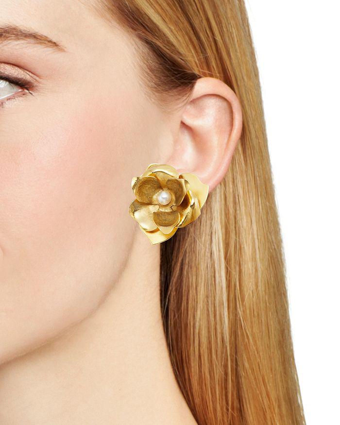 Shashi Emily Swarovski Pearl Rose Statement Stud Earrings in 14K Gold Plated