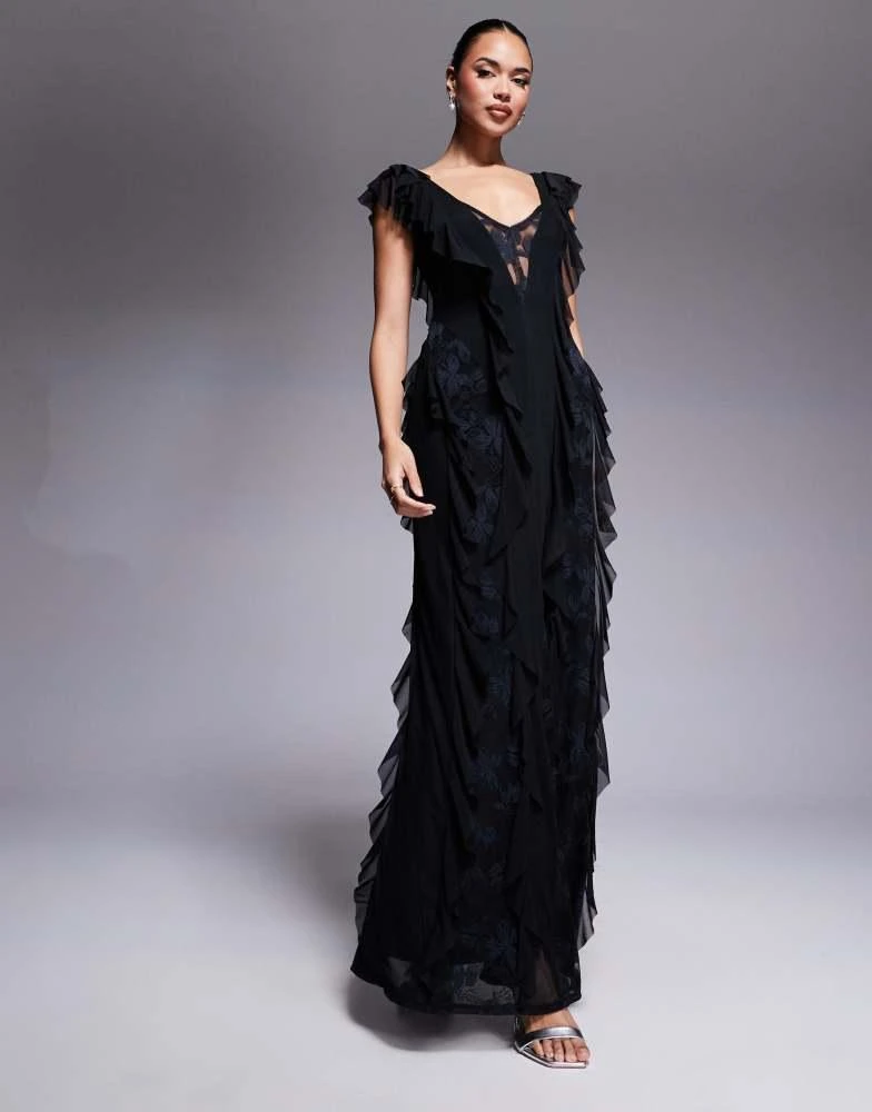 AFRM AFRM Trista mesh ruffle maxi dress with lace panels in black 3
