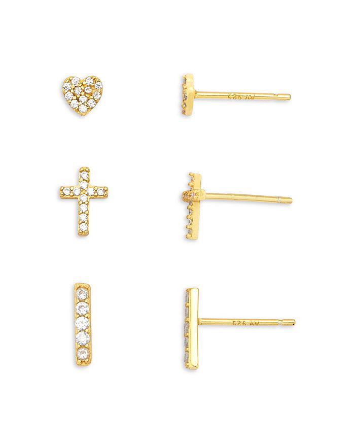 Argento Vivo Pavé Heart, Cross, & Vertical Bar Stud Earrings, Set of 3