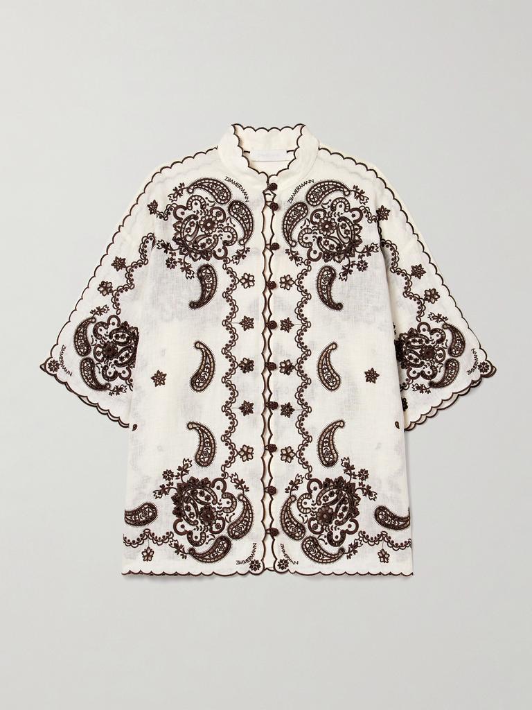 Zimmermann Ascension 皮革边饰马德拉刺绣亚麻衬衫
