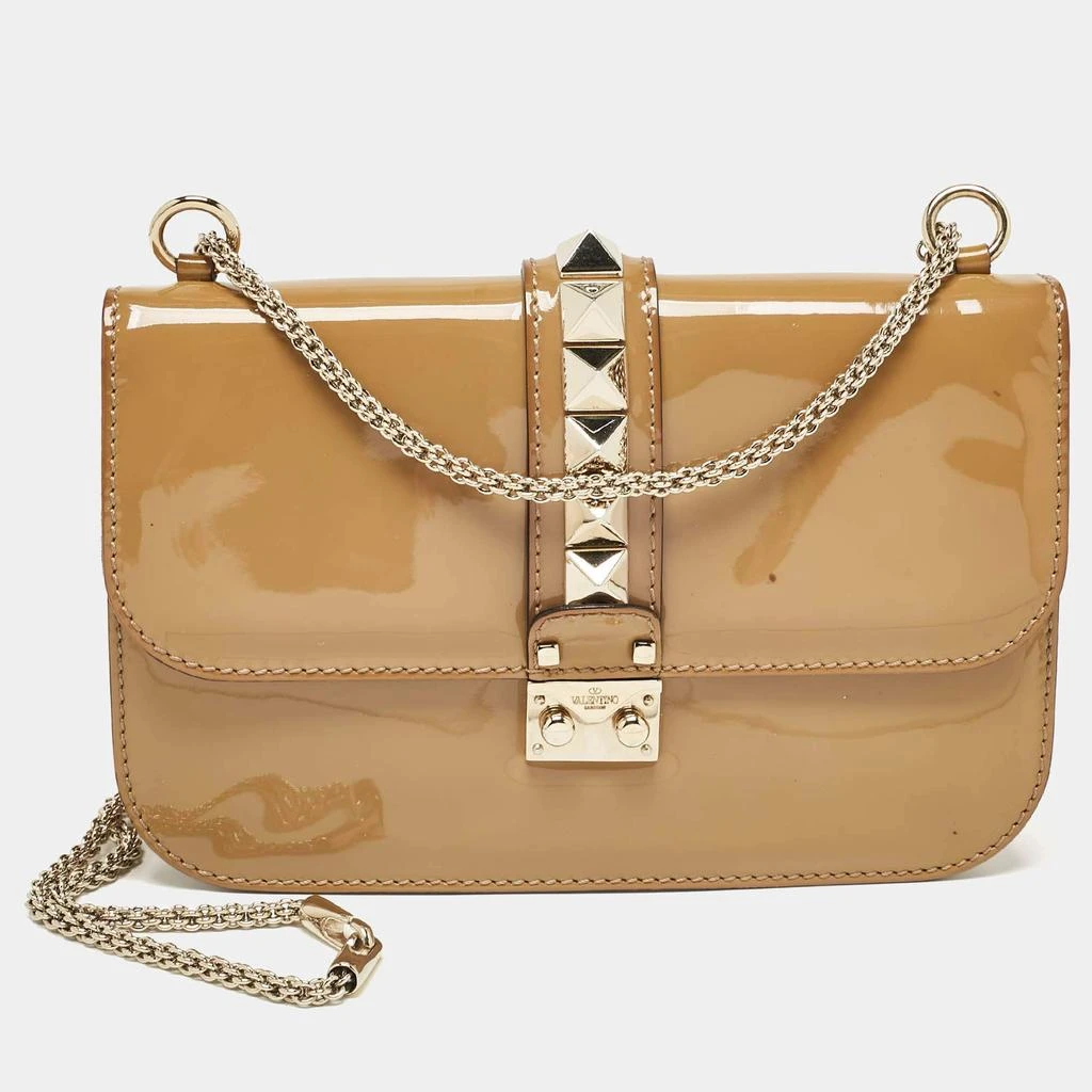 Valentino Valentino Beige Patent Leather Medium Rockstud Glam Lock Shoulder Bag 1