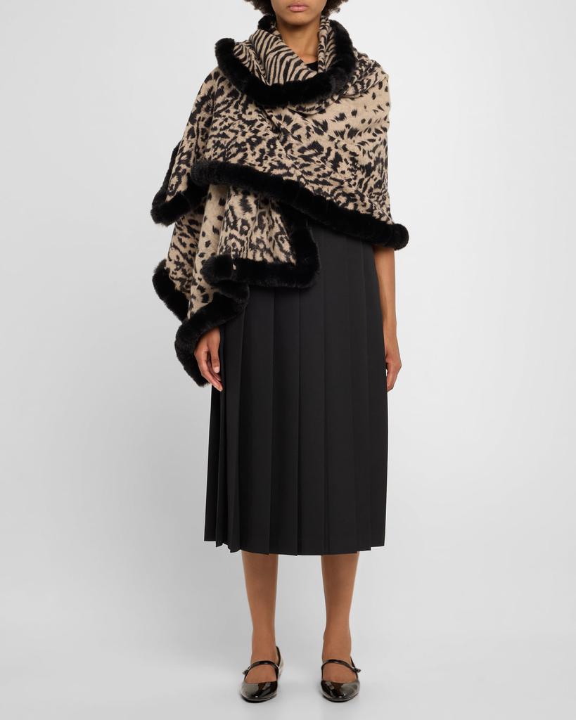 La Fiorentina Reversible Animal-Print Wool-Blend Wrap with Faux Fur Trim
