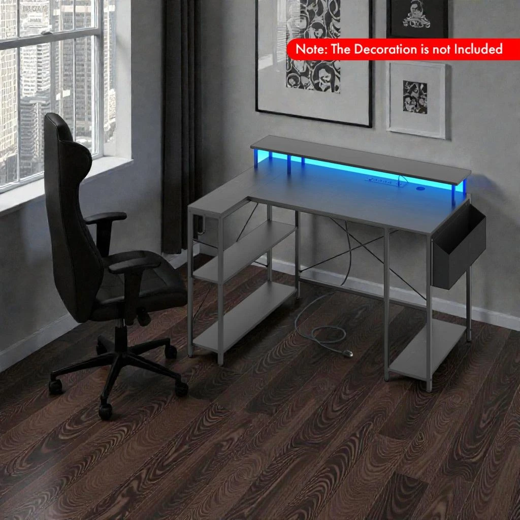 Hivvago L-Shaped Battle Station with Customizable LED Effects and Power Socket Panel 2