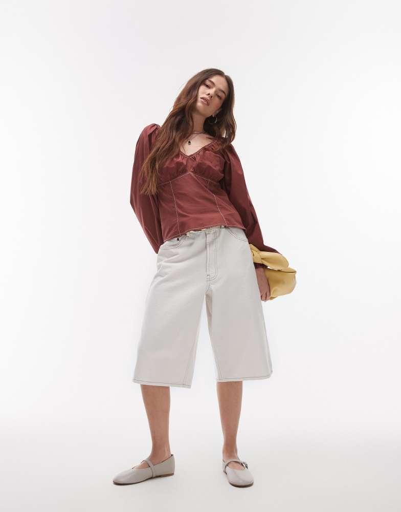 Topshop Topshop ruched neck balloon sleeve blouse with top stitching in chocolate