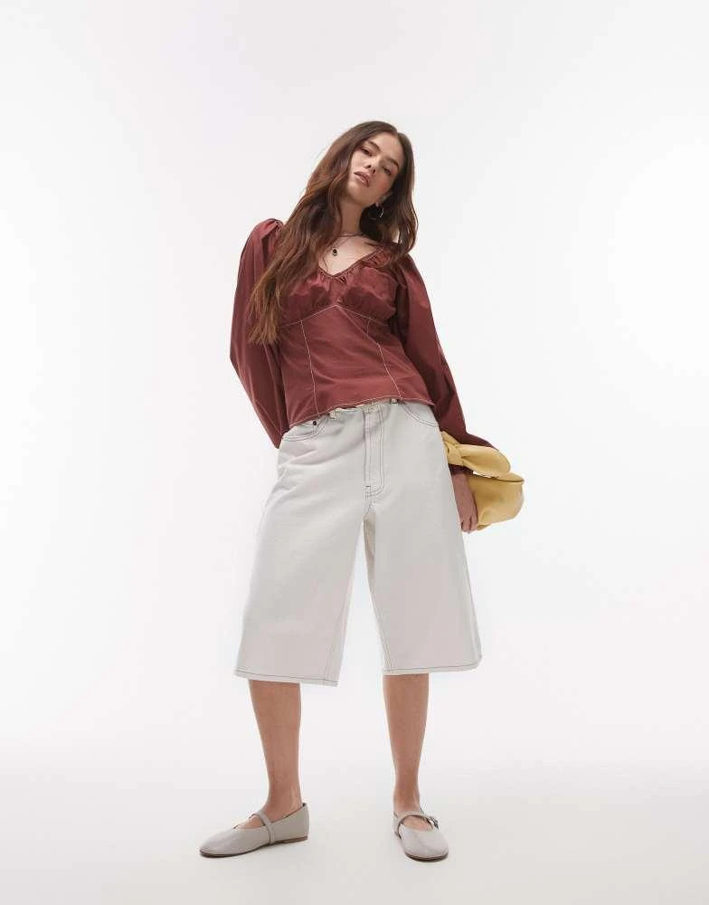Topshop Topshop ruched neck balloon sleeve blouse with top stitching in chocolate 2