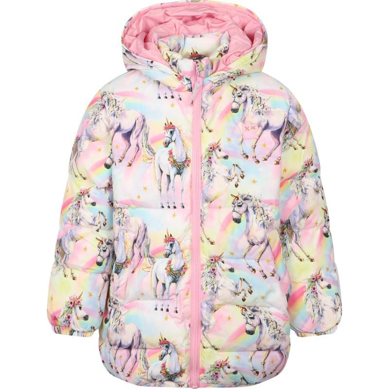 Rock Your Baby Puffer multicolor winter jacket unicorn sweatshirt and care bears track pants set in pink white and light blue