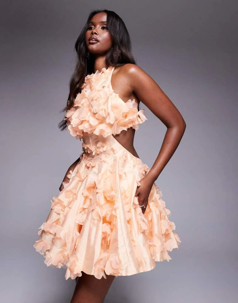 712 Asos Shop ASOS LUXE 3D floral halter mini skater dress in apricot on Sale at ...