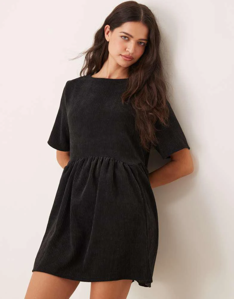 ASOS ASOS DESIGN cord smock tee mini dress with waist seam detail in black 4