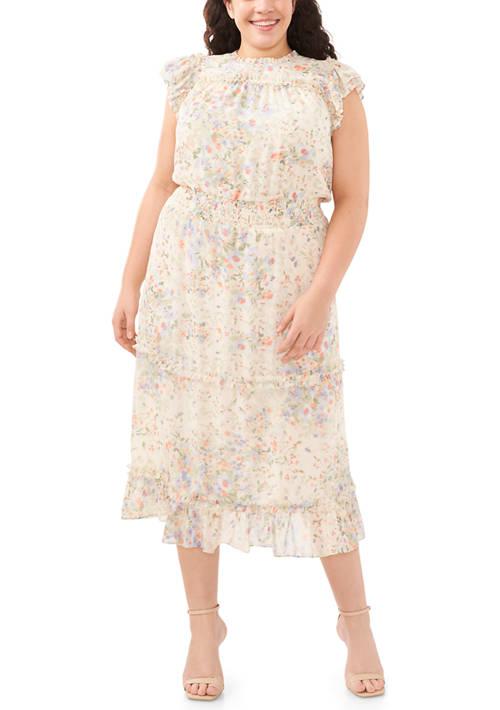 CeCe Plus Size Flutter Sleeve Floral Midi Dress