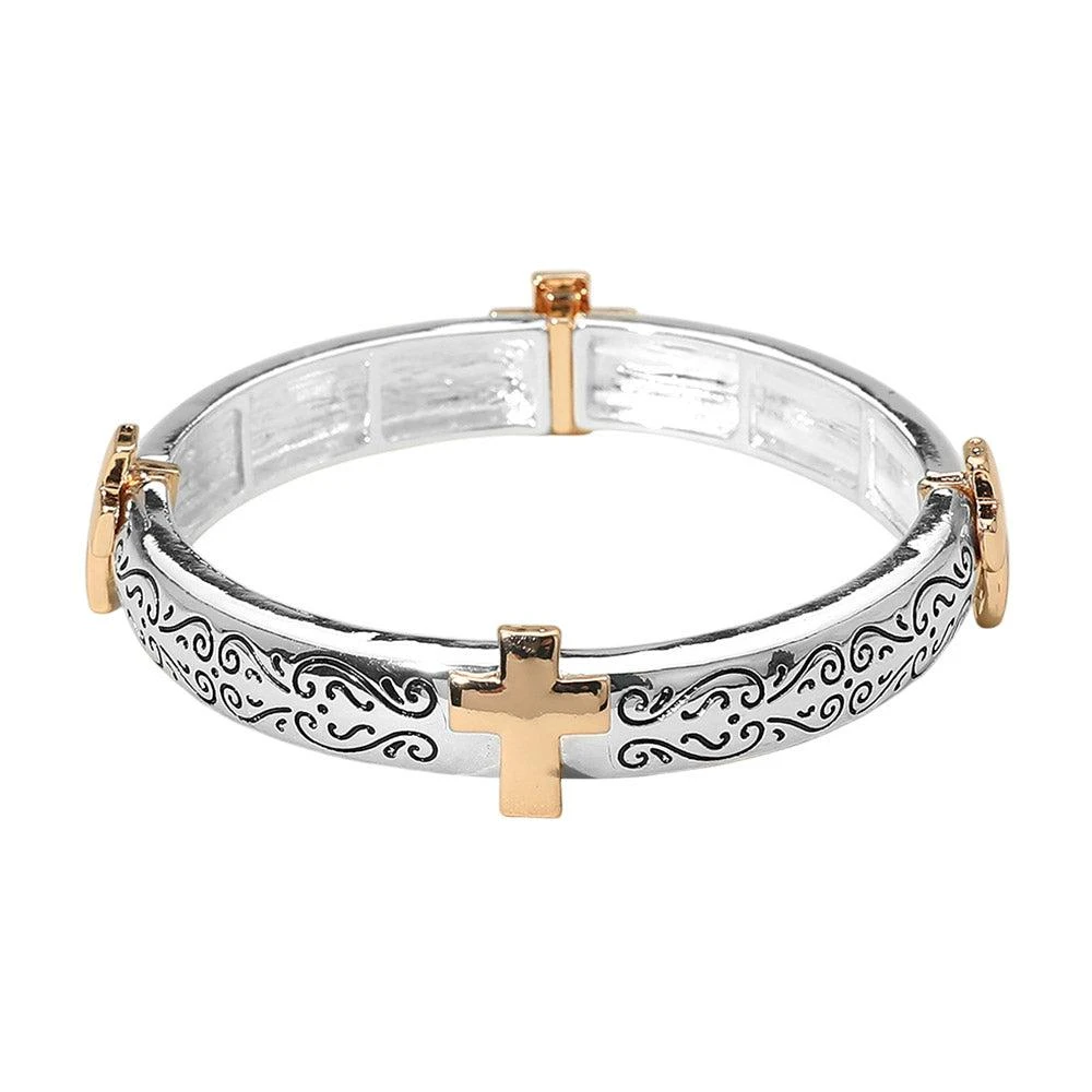 FASHNZFAB Antique Metal Cross Accent Stretch Bracelet 2