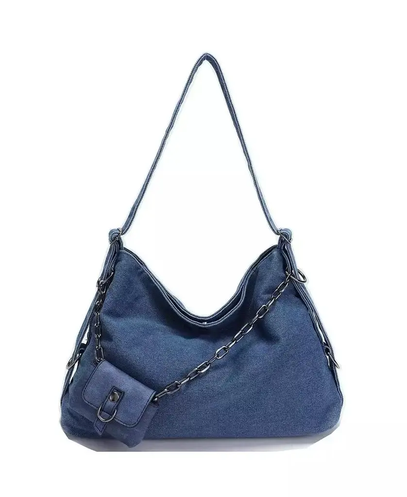 SUSU Women's Drift Hobo Bag Slouchy Shoulder Bag Crossbody Purse Casual Washed Denim Handbag with Chain Accent