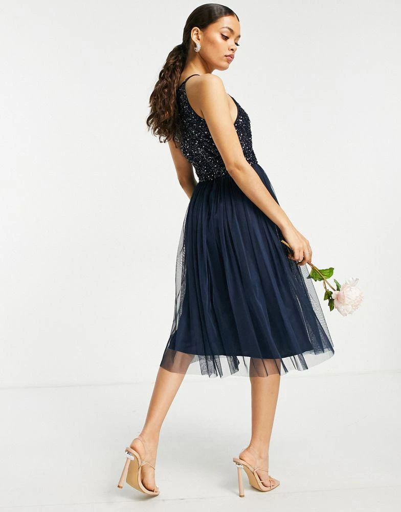 Maya Maya Petite Bridesmaid halter neck midi tulle dress with tonal delicate sequins in navy 3