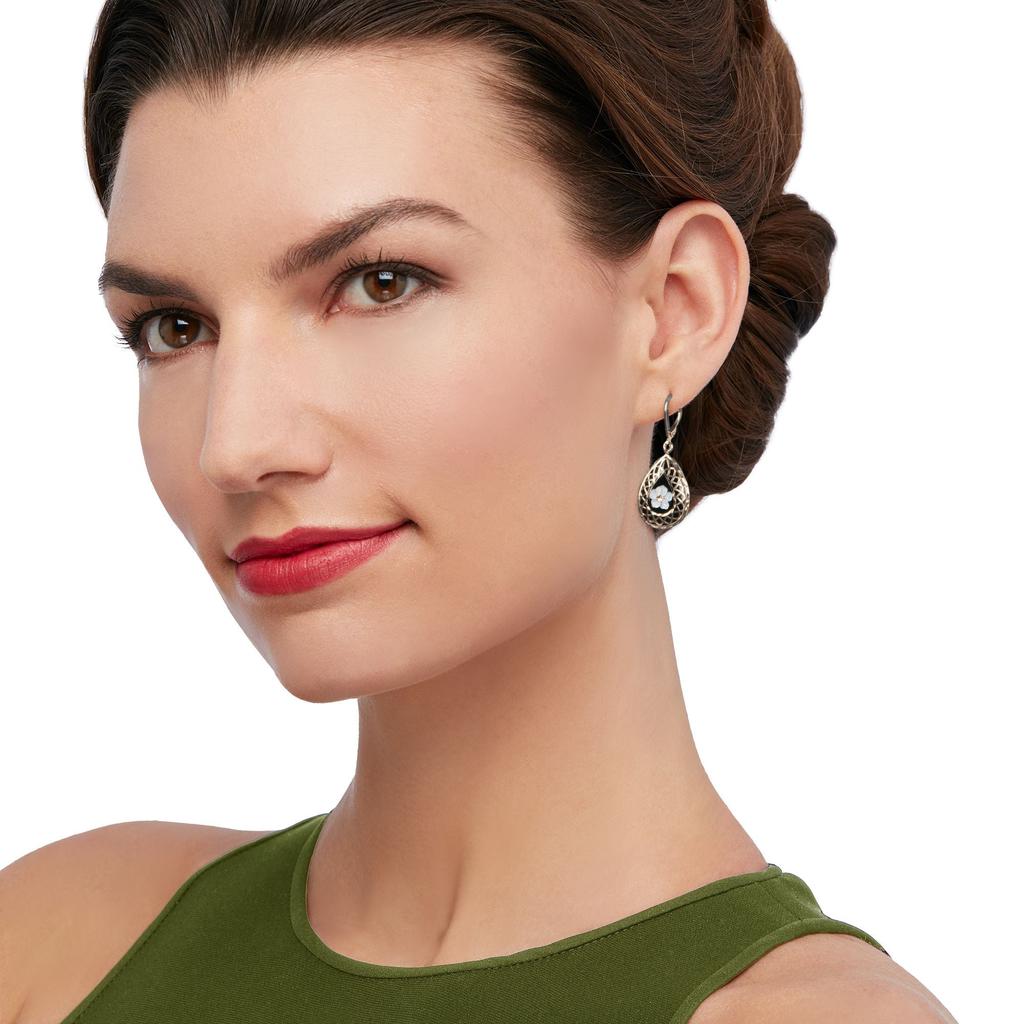 Ross-Simons Ross-Simons Black Onyx and Mother-Of-Pearl Flower Overlay Drop Earrings in 14kt Yellow Gold